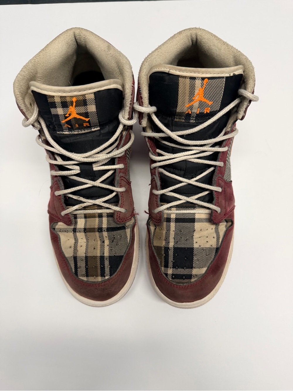 Jordan High-Top Sneakers in Burgundy, Black, Tan with Orange Jumpman